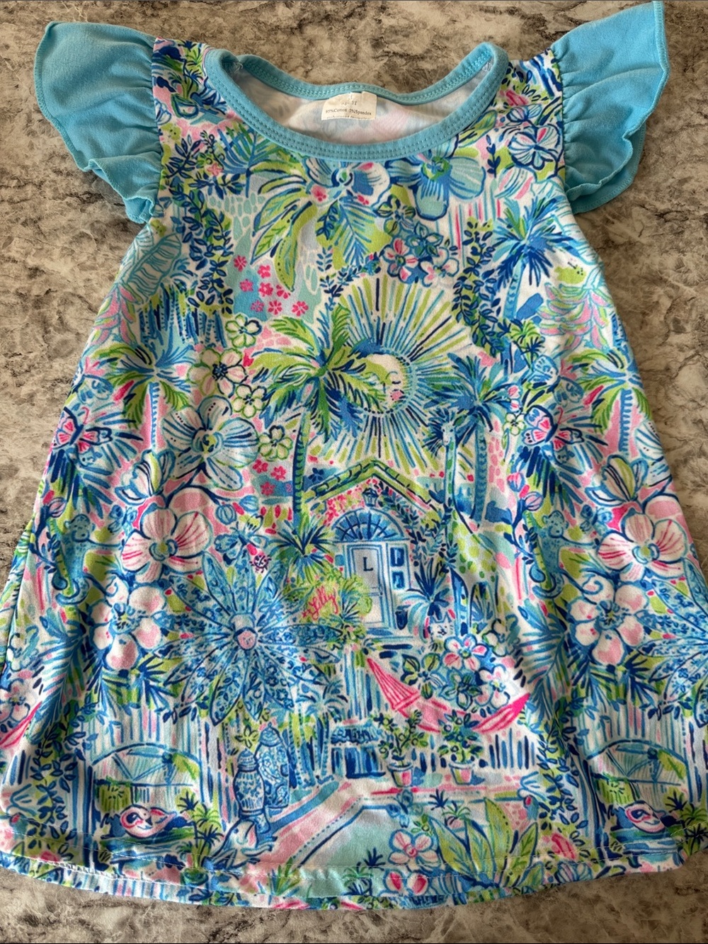 Lilly Pulitzer Girls Floral Flutter Sleeve Top - Blue, Pink & Green